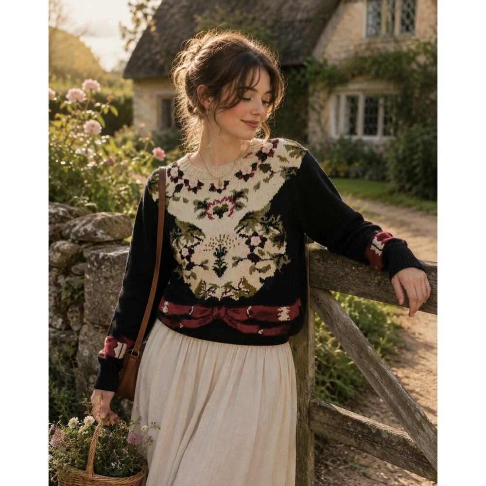 Vintage Lauren Hansen Hand Knit Sweater Cottagecore Floral Folk Art Grannycore S